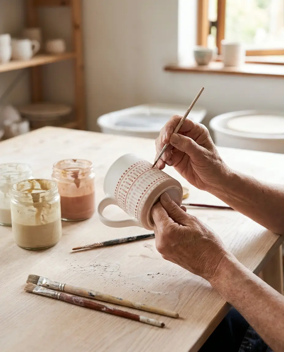 Hände bemalen eine Keramiktasse mit Punkt-und-Strich-Muster